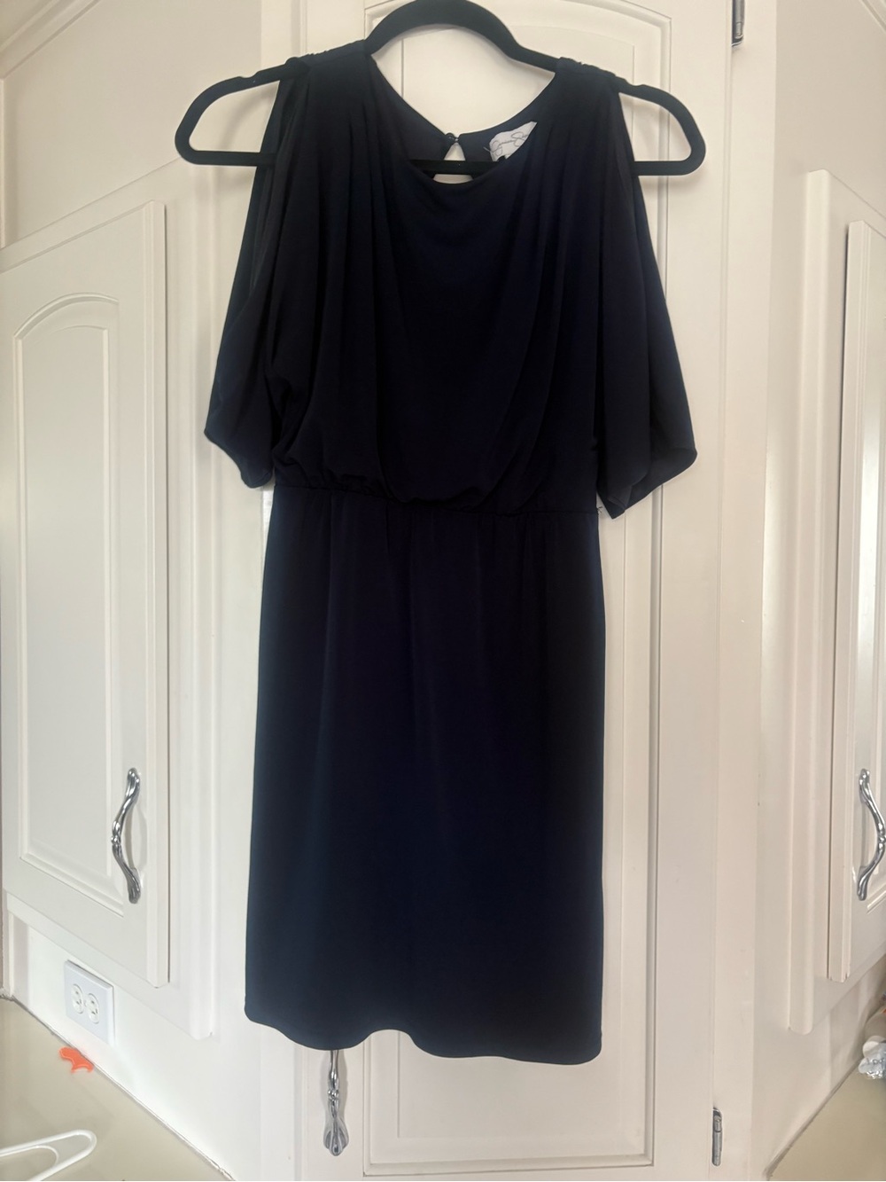 Elegant Navy cold shoulder draped dress